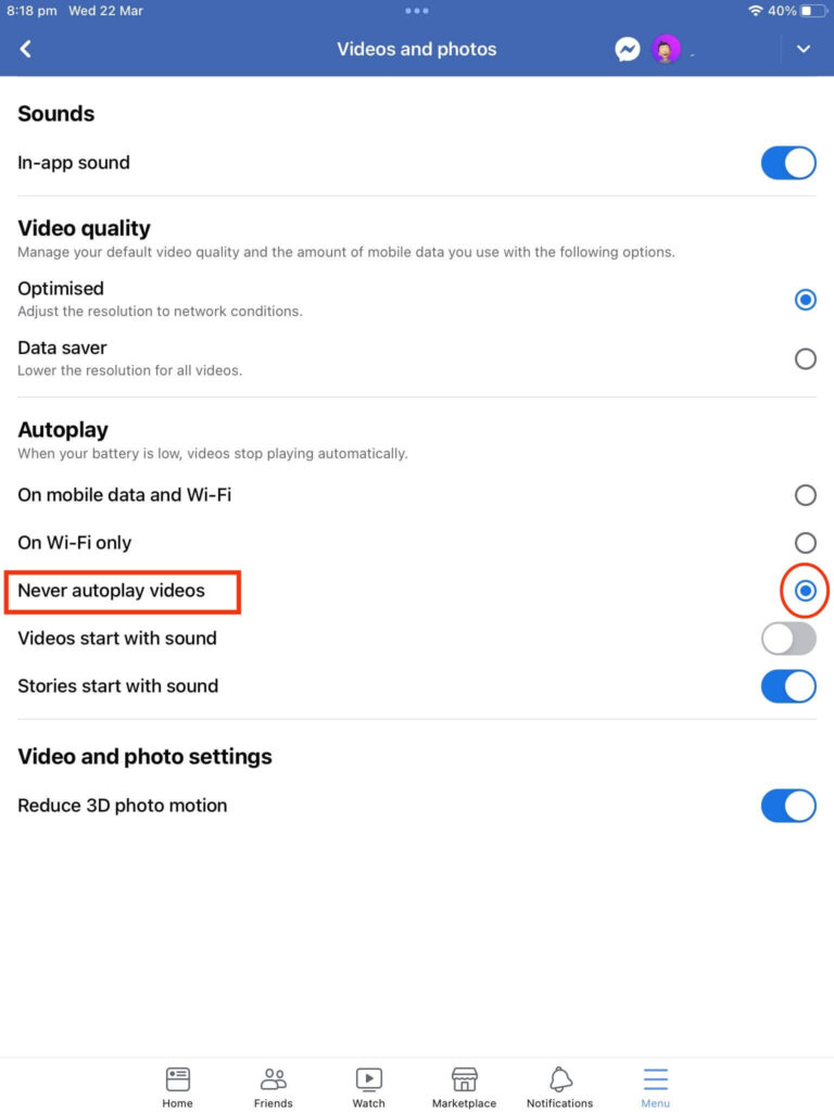 Disable Autoplay videos on Facebook