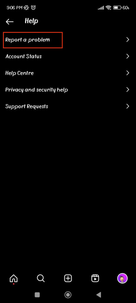 Report a problem on Instagram 