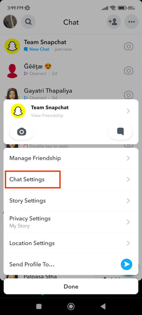 Chat setting on Snapchat