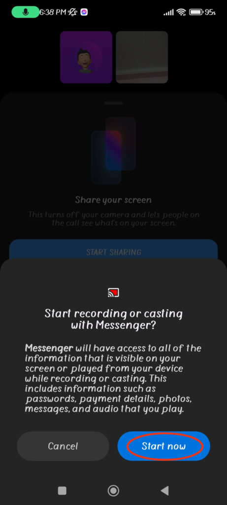 Give permission to screen share on Messenger 