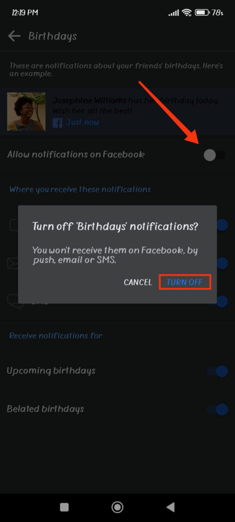 Turn off notification for friend's birthday on FB