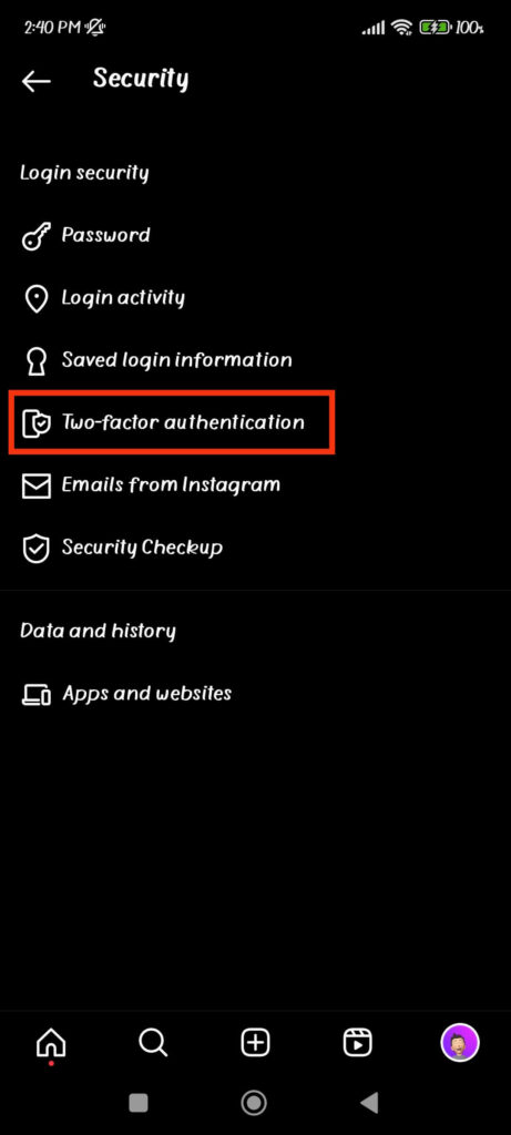 Two factor authentication settings on IG