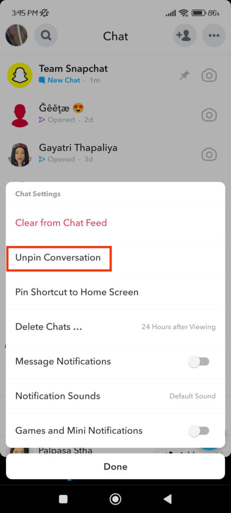 Unpin conversation on Snapchat 