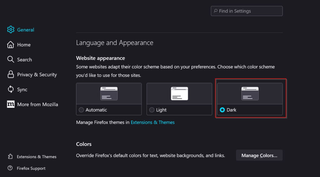 Mozilla firefox turn on dark mode from Settings