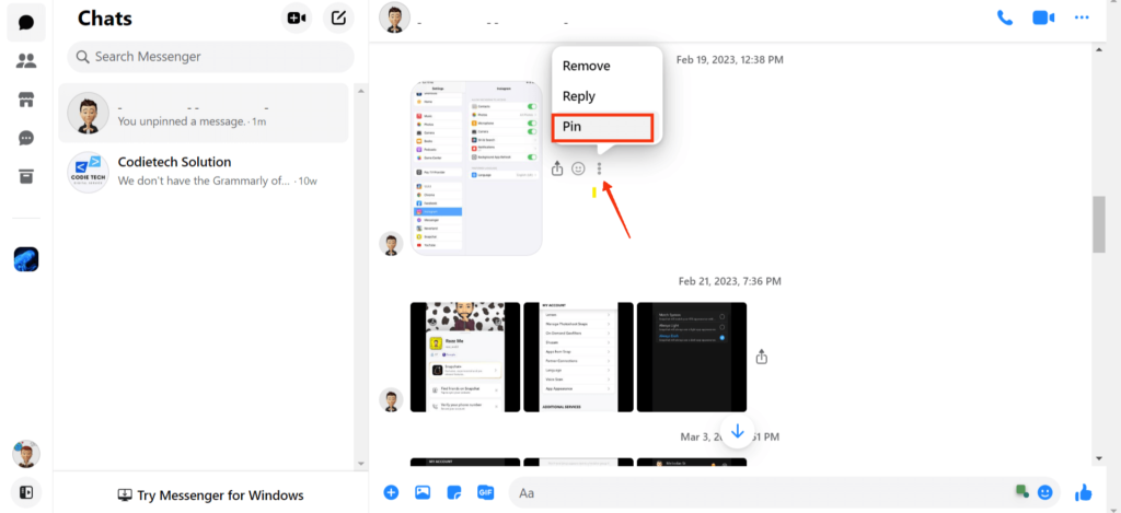 Pin a message in Messenger 