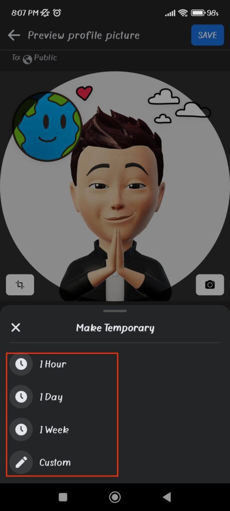 Set duration for frames on Profile pic