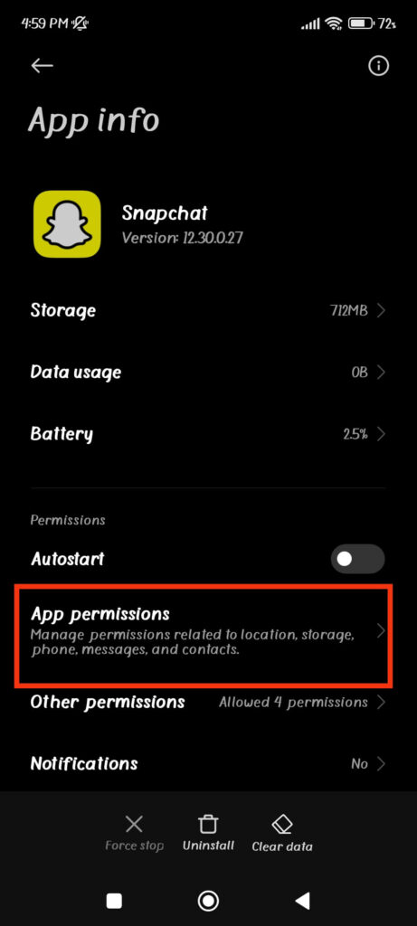 Snapchat App permissions 