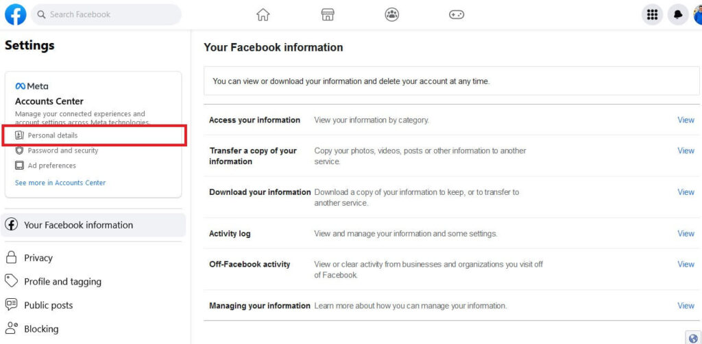 Facebook personal details settings