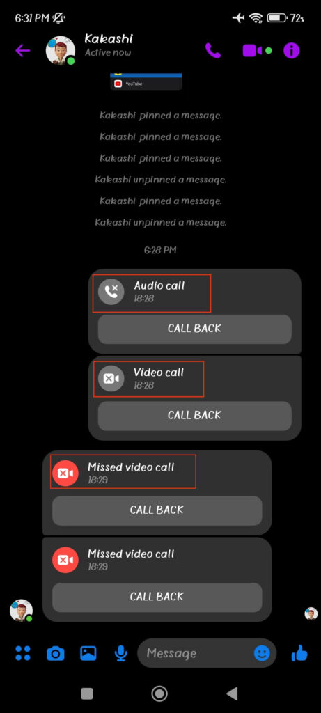 Check messenger call history in individual chats