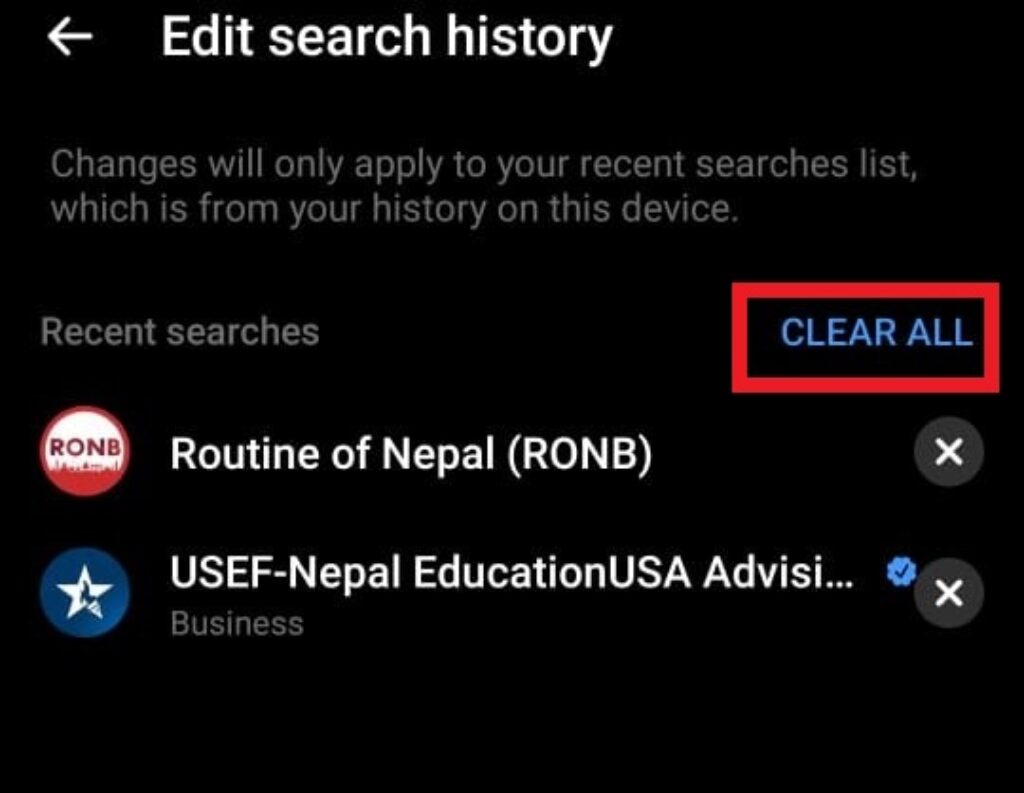 Clear all search history in facebook messenger