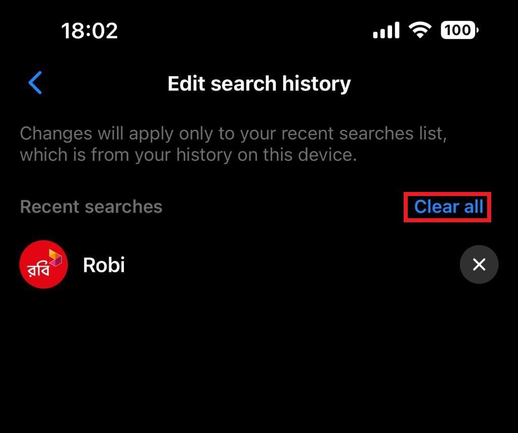 Clear all searches on facebook messenger