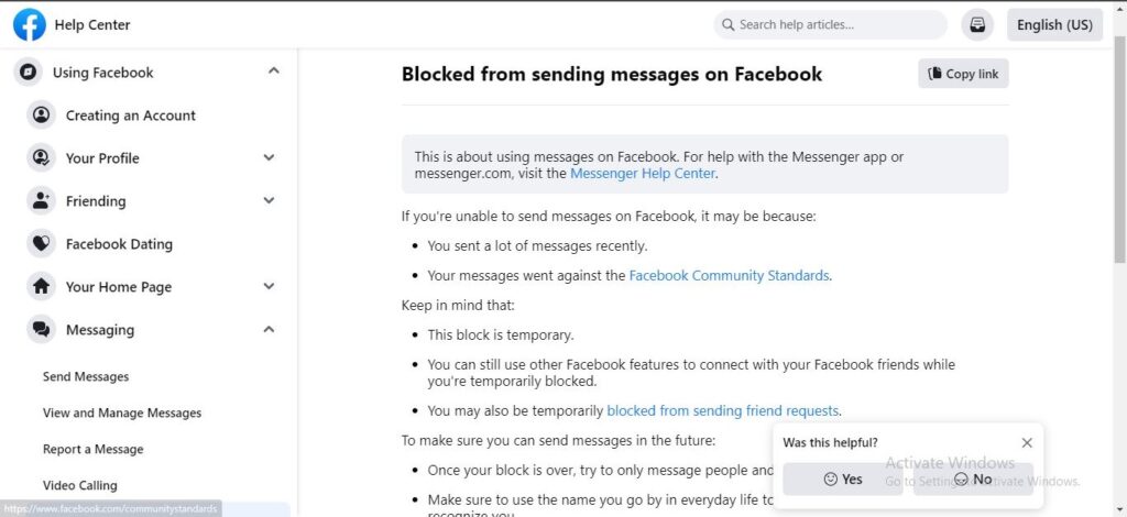 Facebook Official Support Page - Temporarily Blocked Messenger