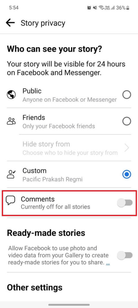 Turn off comments on facebook story