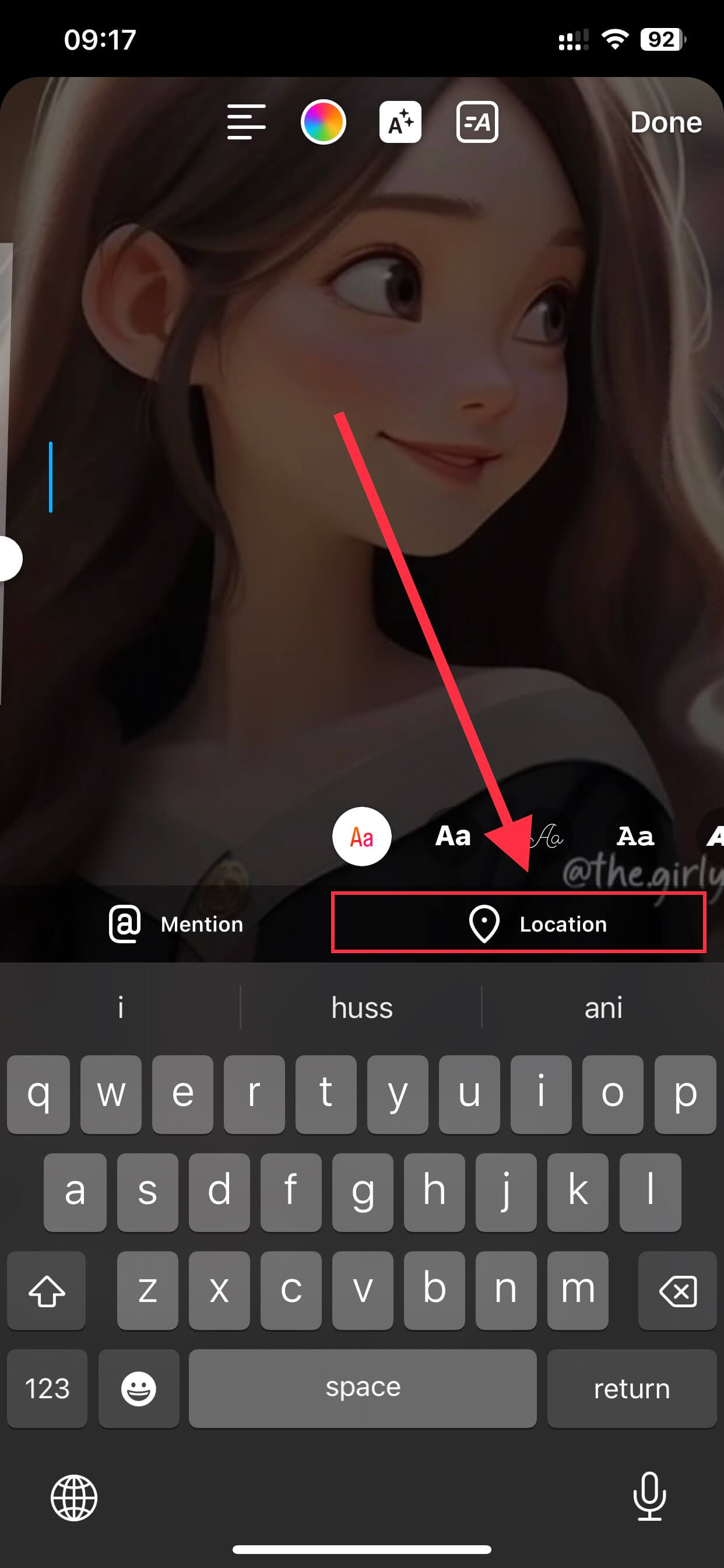tap on location to add location on instagram story