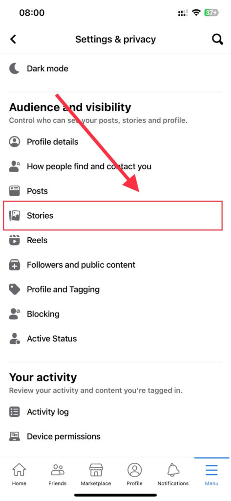 Facebook story setting