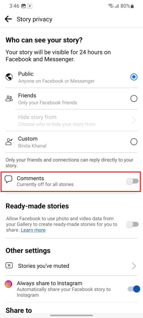 disable facebook comment from stories