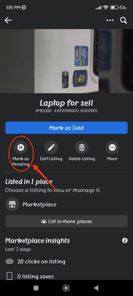 Mark as Pending on Facebook marketplace