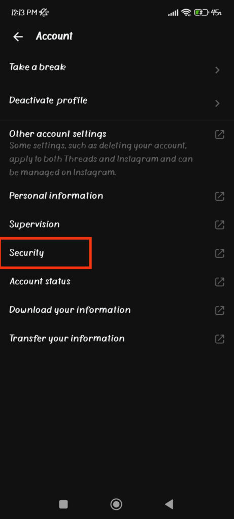 Security settings Threads