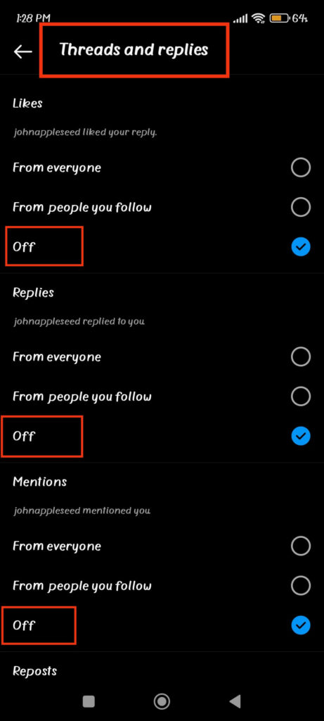 Turn off Threads and replies notifications