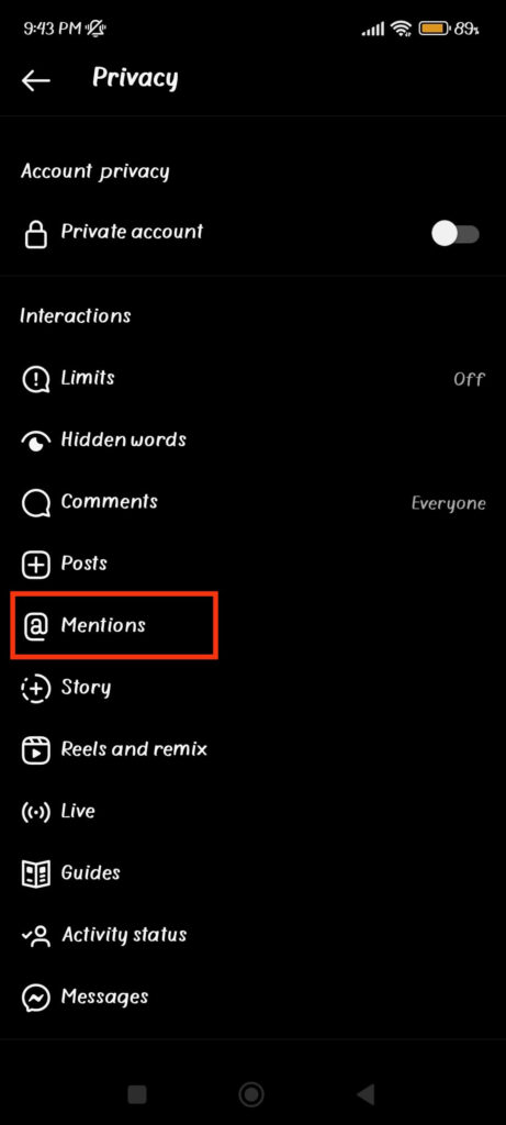 Mentions settings 