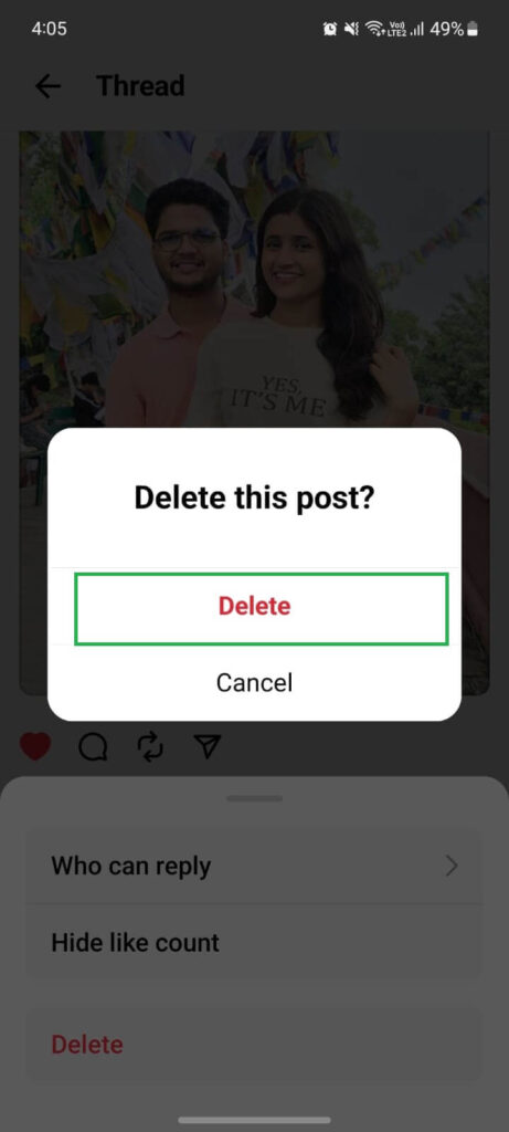 how to delete instagram threads reply from a post