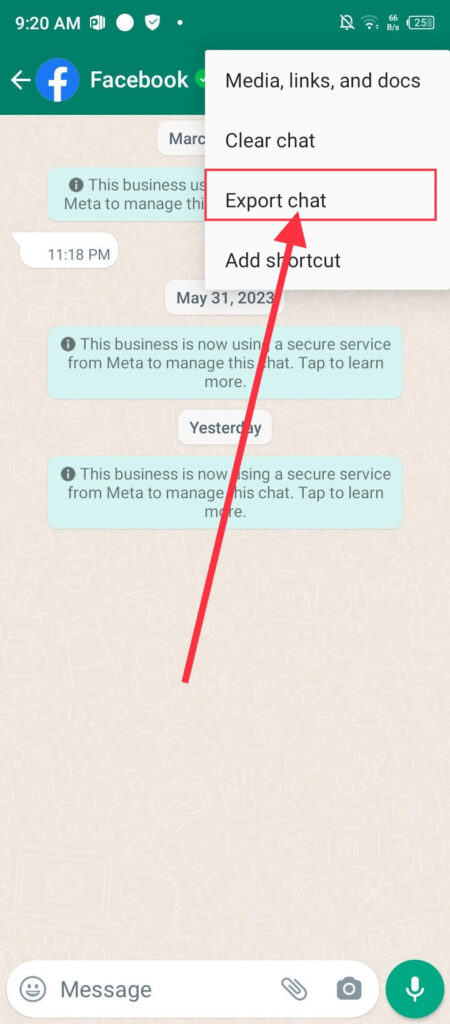 tap on export chat to print whatsapp messages