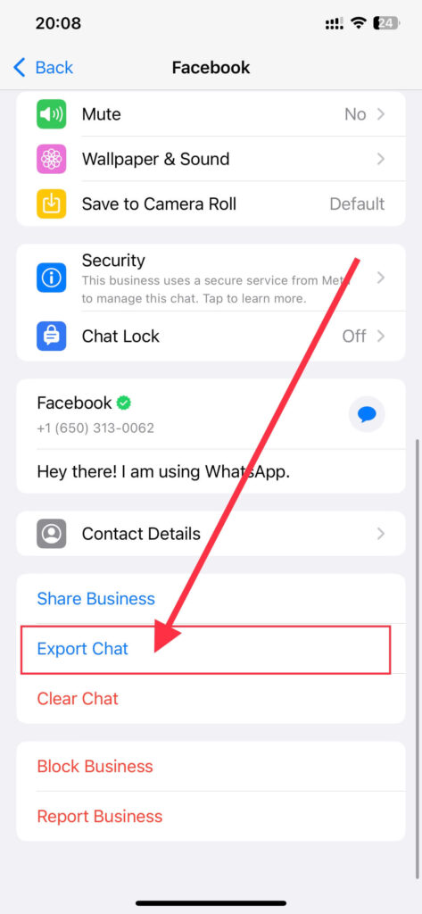 tap on export chat to print it