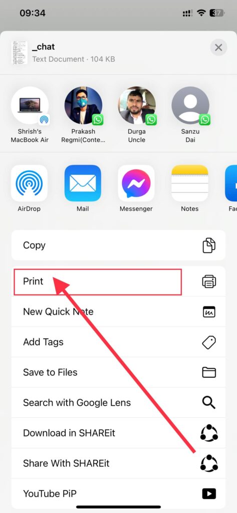 tap on print to print whatsapp messages